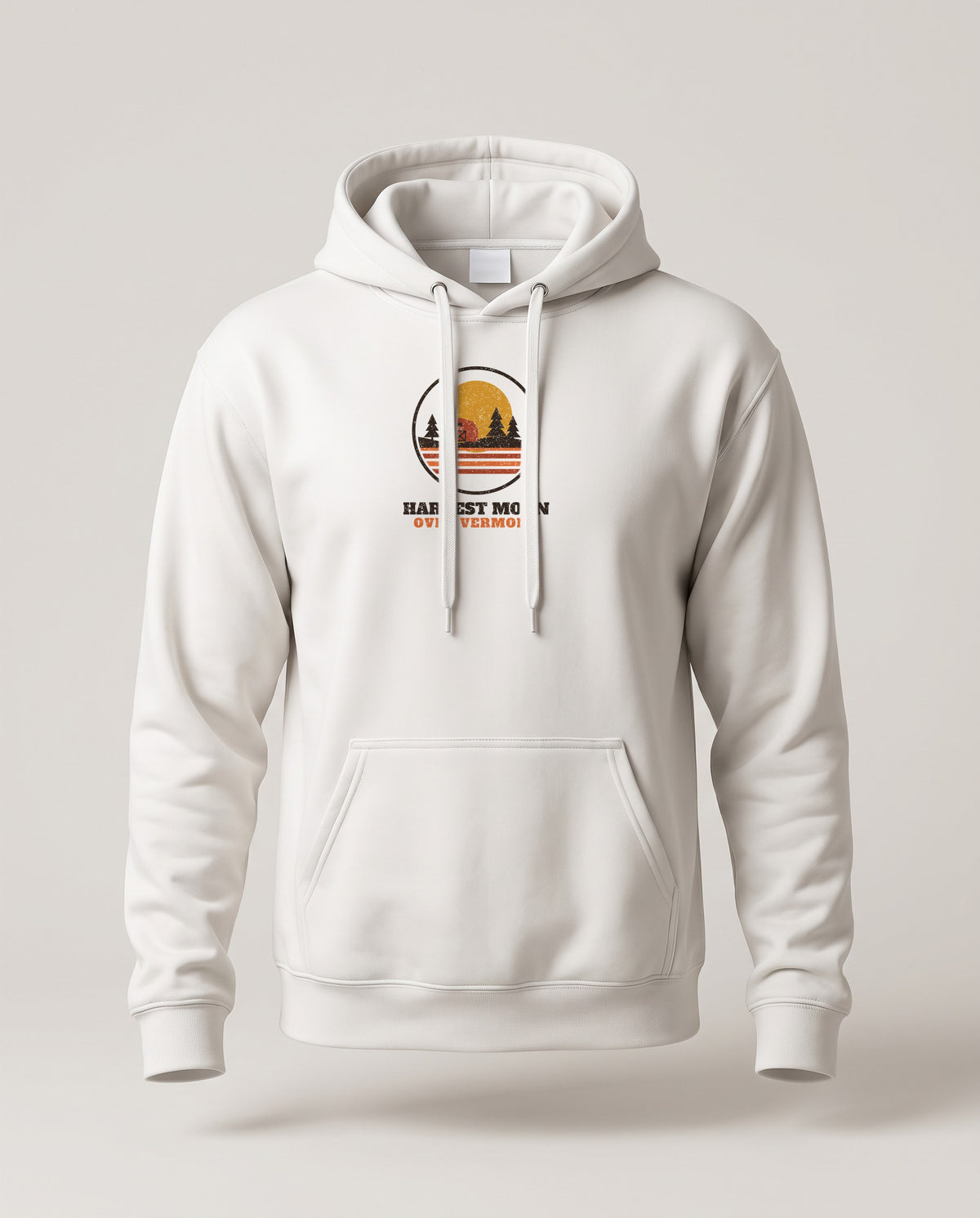 Harvest Moon Over Vermont Retro Badge Hoodie — White (mockup)