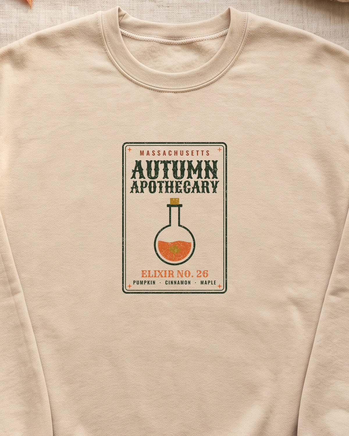 Massachusetts Autumn Apothecary Label Crewneck Sweatshirt (close-up)