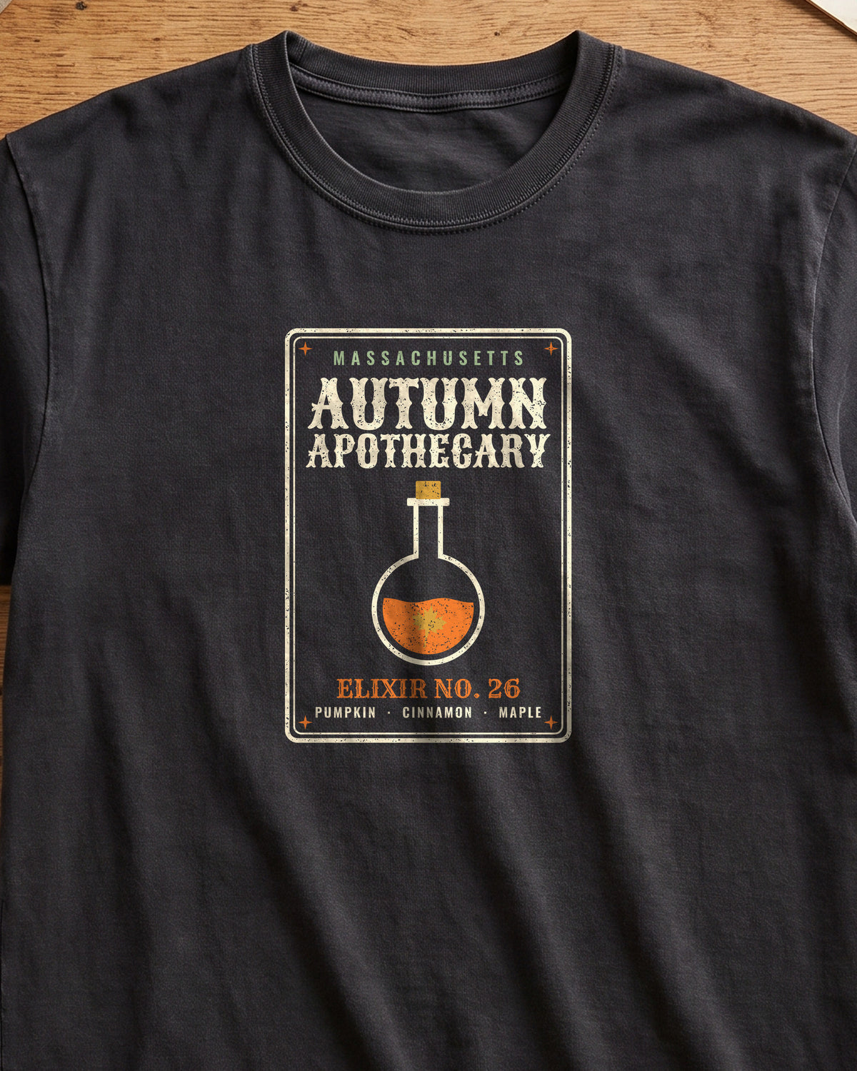 Massachusetts Autumn Apothecary Label T-Shirt (close-up)