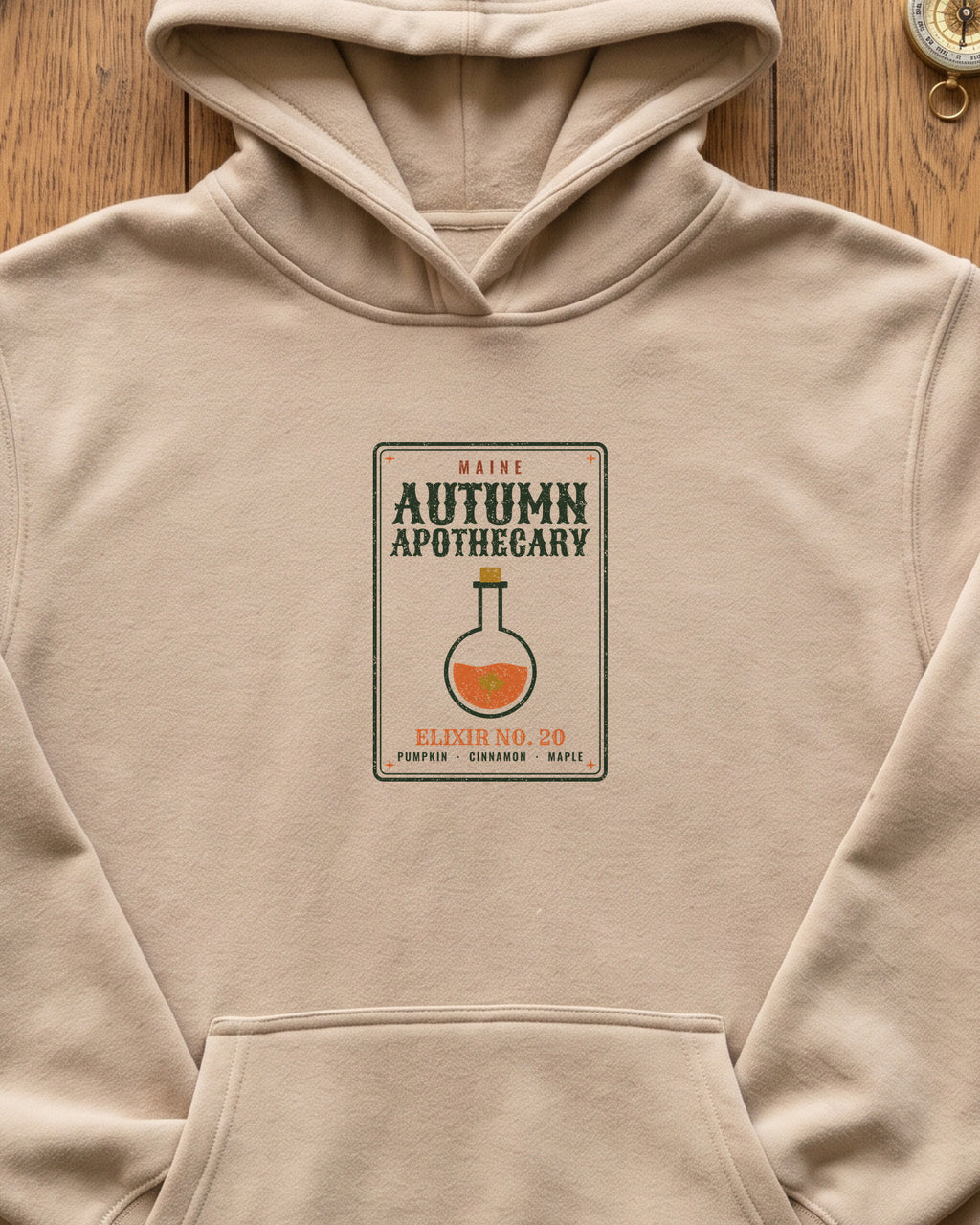 Maine Autumn Apothecary Label Hoodie (close-up)