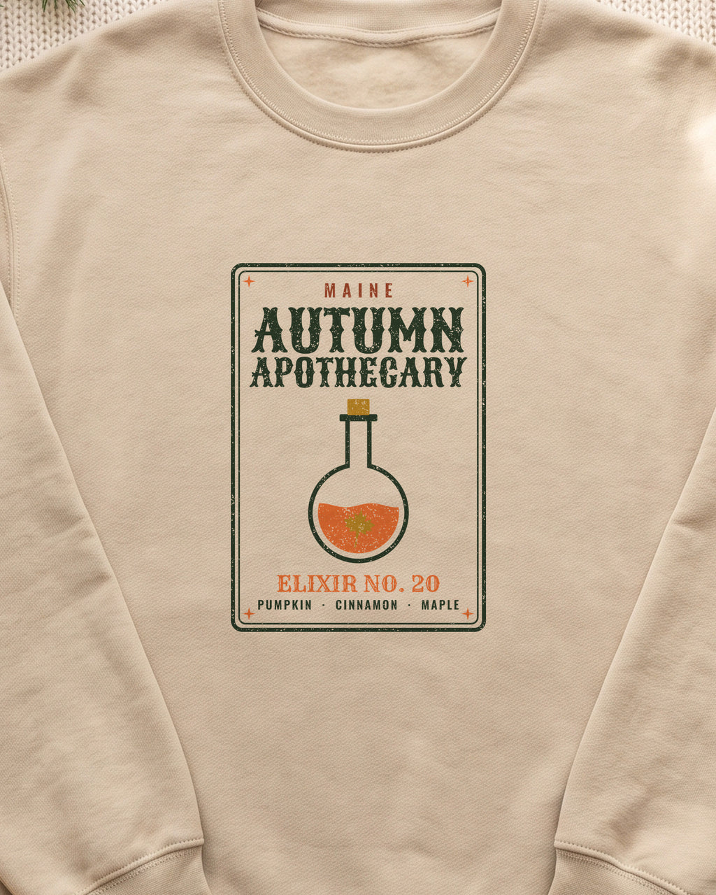 Maine Autumn Apothecary Label Crewneck Sweatshirt (close-up)