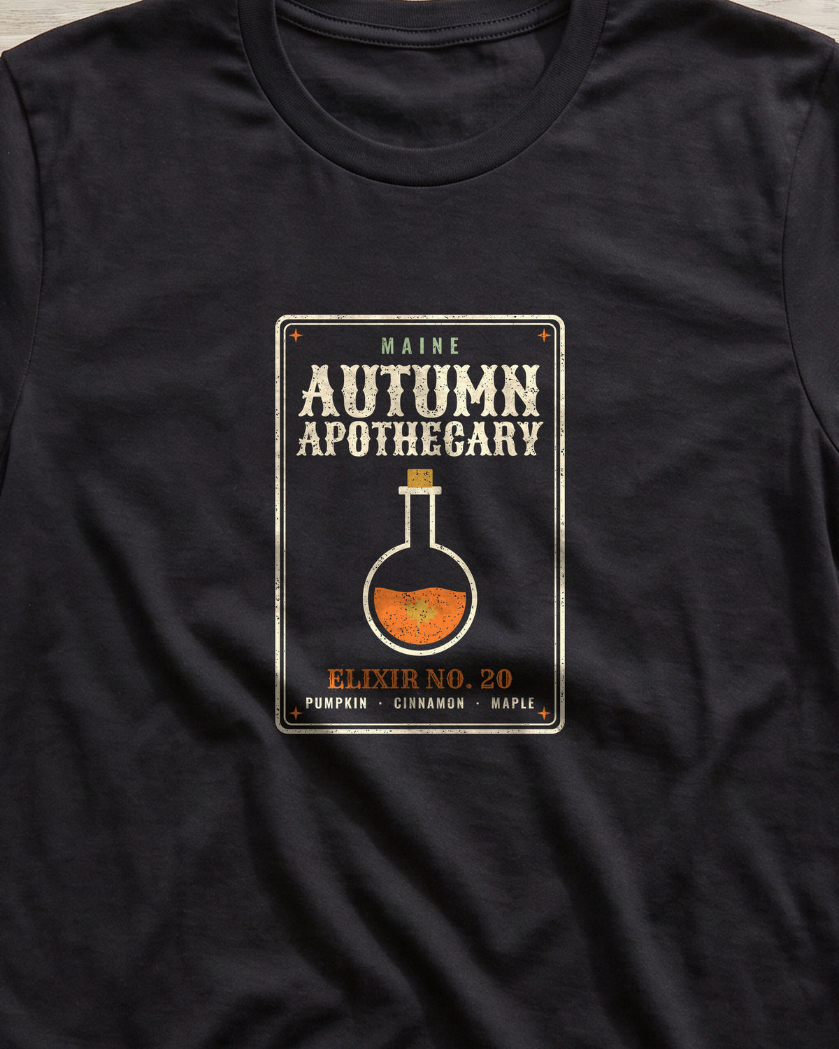 Maine Autumn Apothecary Label T-Shirt (close-up)