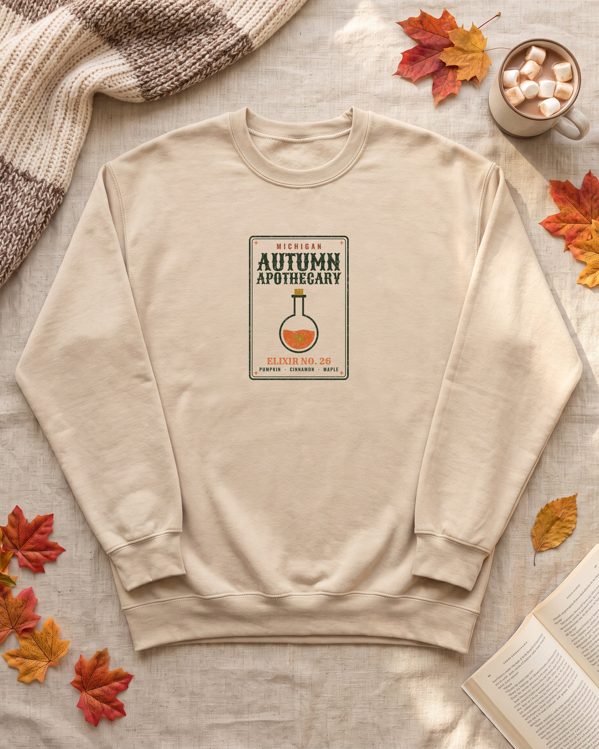 Michigan Autumn Apothecary Label Crewneck Sweatshirt (photo)