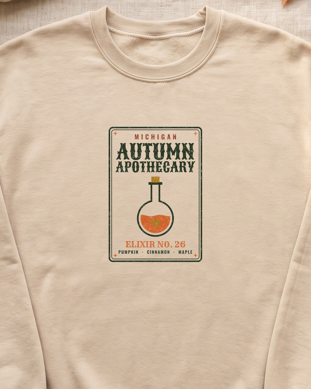 Michigan Autumn Apothecary Label Crewneck Sweatshirt (close-up)