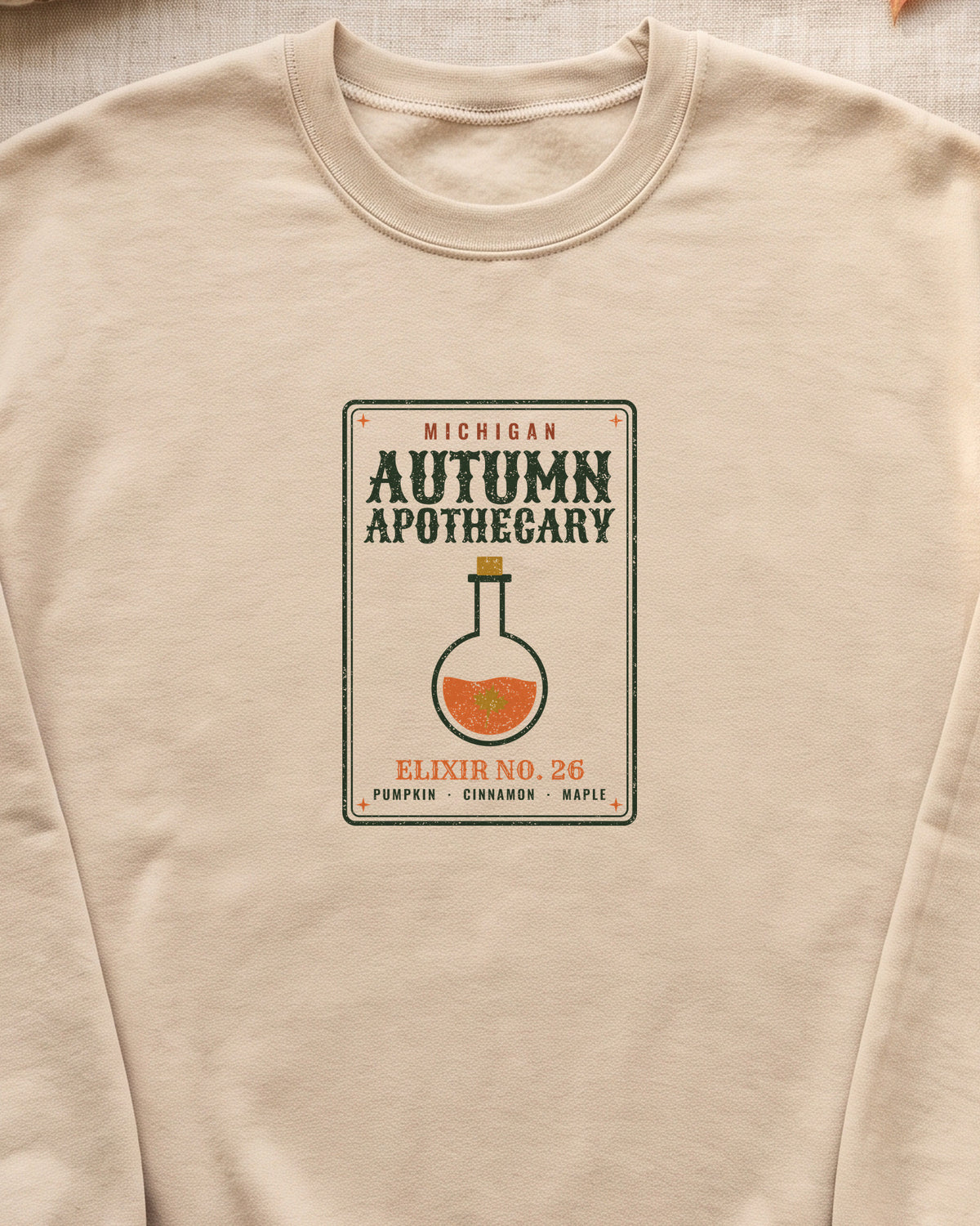 Michigan Autumn Apothecary Label Crewneck Sweatshirt (close-up)