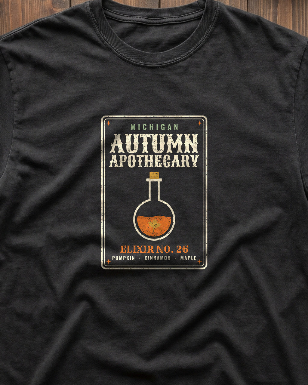 Michigan Autumn Apothecary Label T-Shirt (close-up)