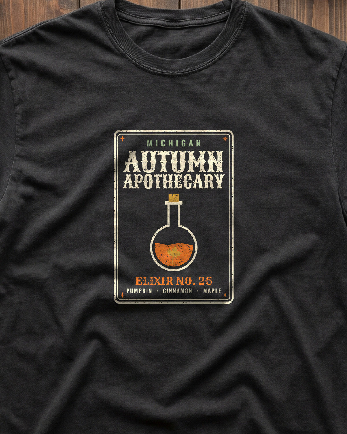 Michigan Autumn Apothecary Label T-Shirt (close-up)
