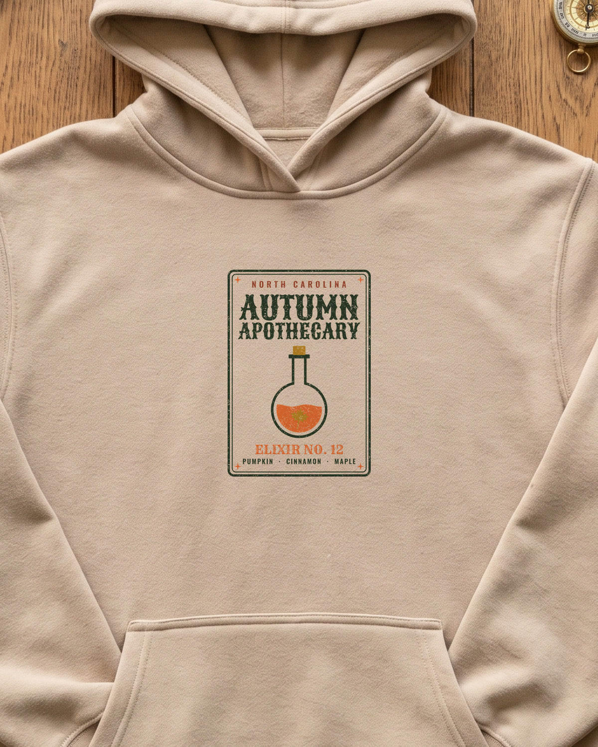 North Carolina Autumn Apothecary Label Hoodie (close-up)