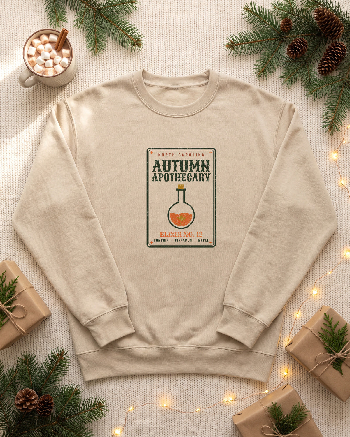North Carolina Autumn Apothecary Label Crewneck Sweatshirt (photo)