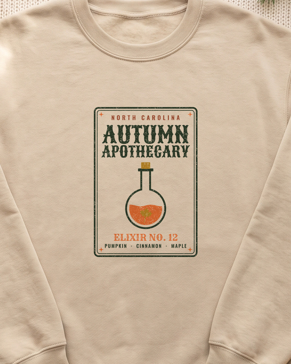 North Carolina Autumn Apothecary Label Crewneck Sweatshirt (close-up)
