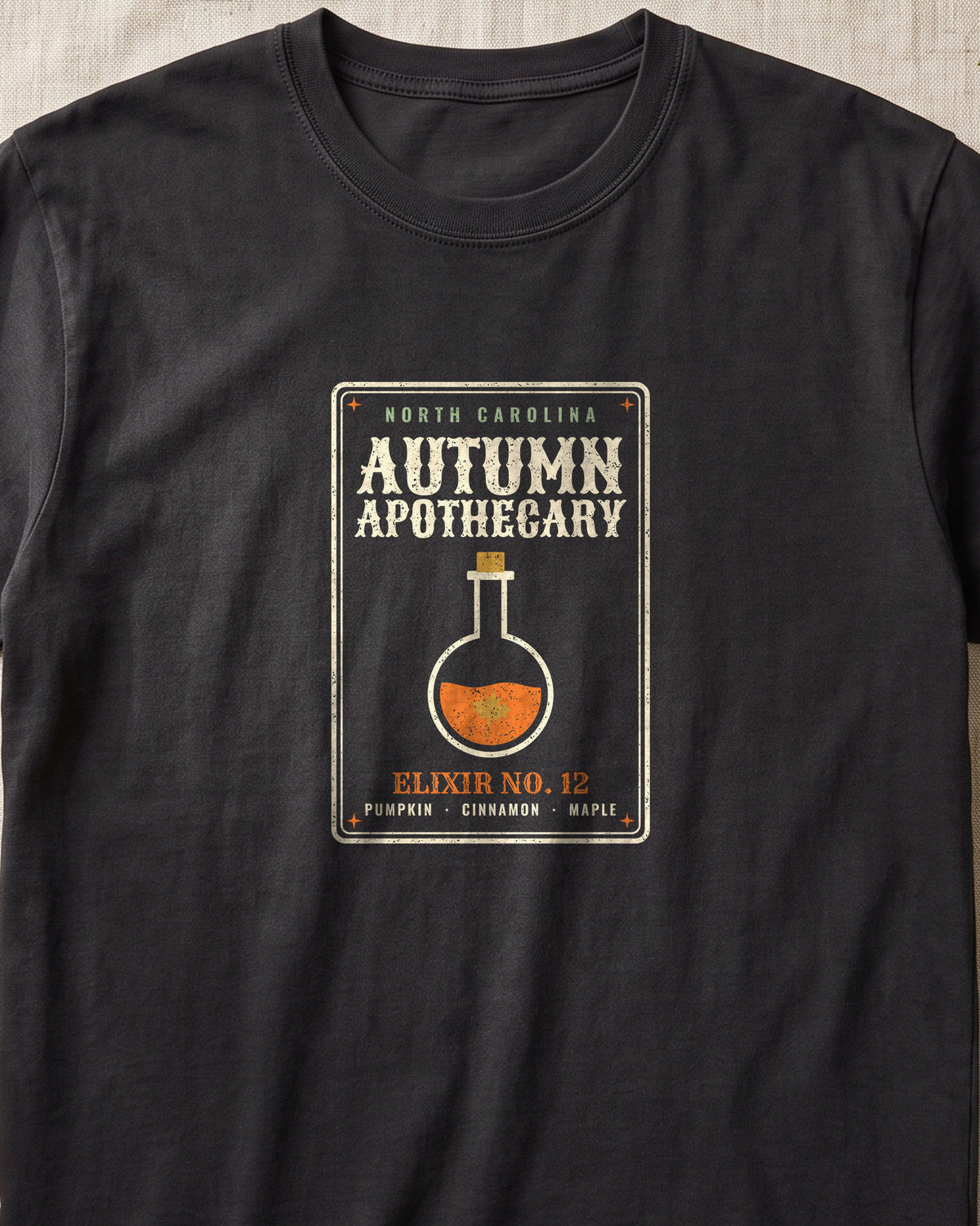 North Carolina Autumn Apothecary Label T-Shirt (close-up)