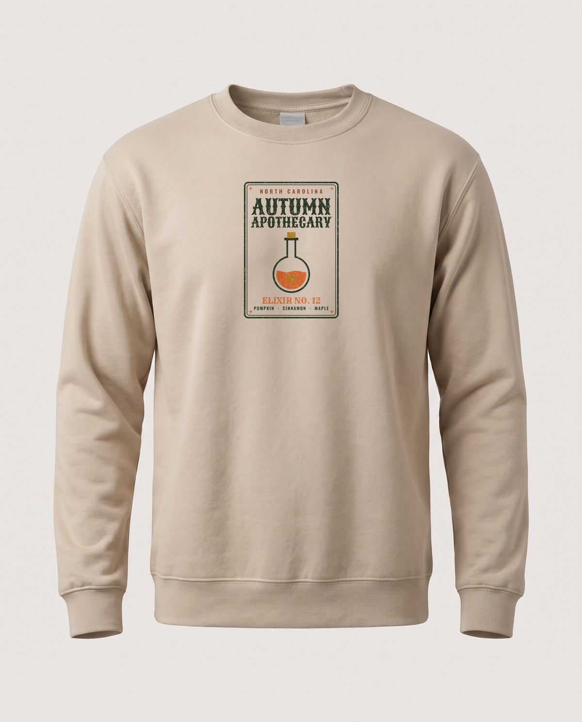 North Carolina Autumn Apothecary Label Crewneck Sweatshirt — Sand (mockup)