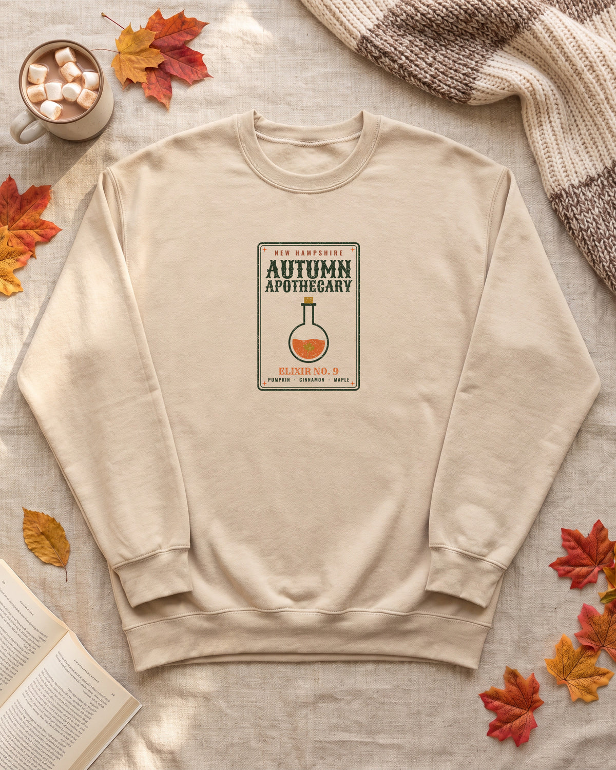 New Hampshire Autumn Apothecary Label Crewneck Sweatshirt (photo)