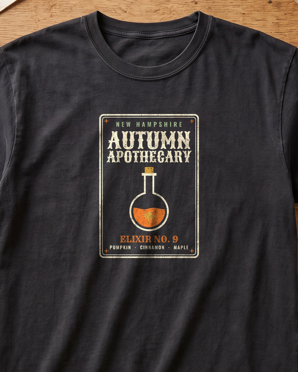 New Hampshire Autumn Apothecary Label T-Shirt (close-up)