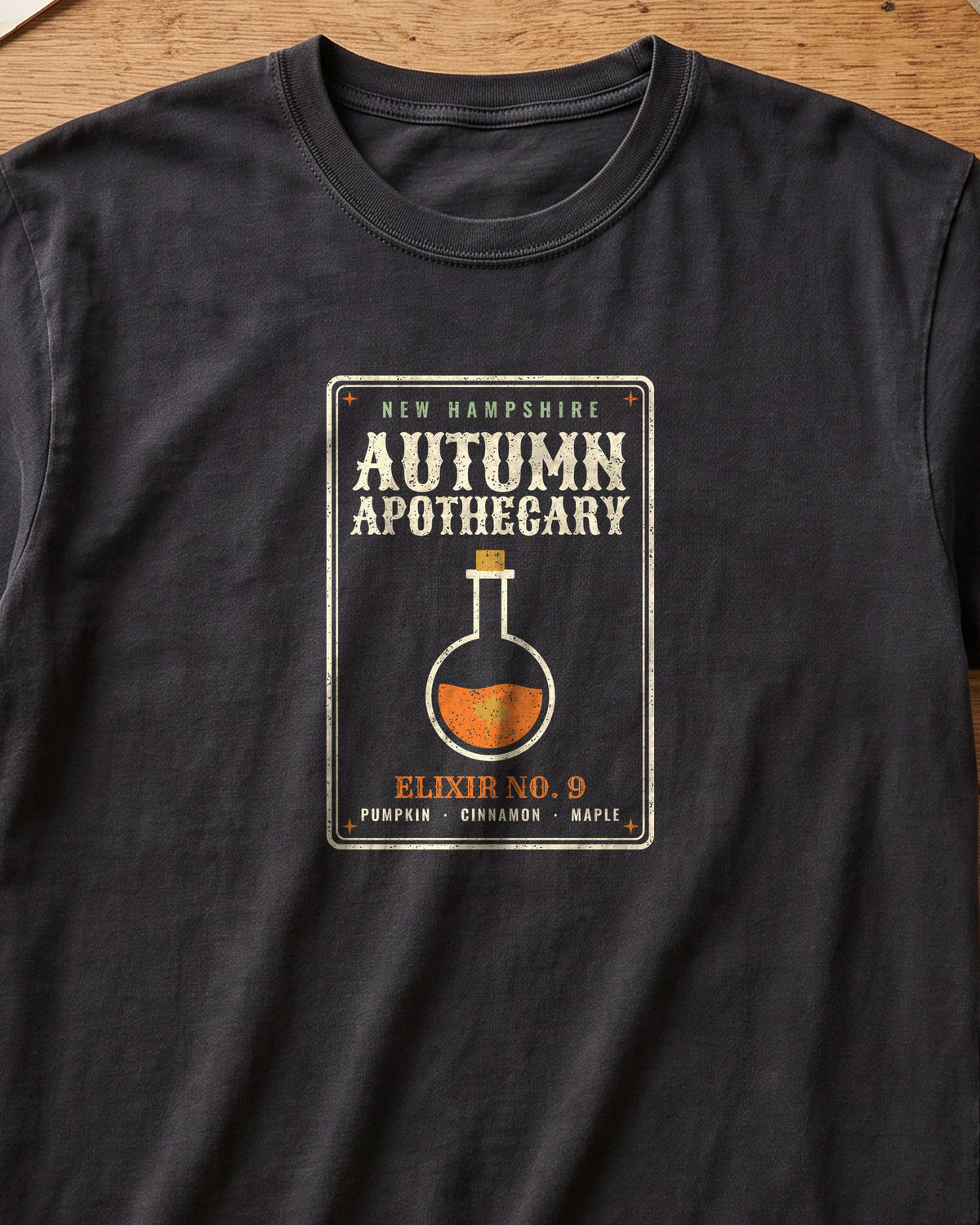 New Hampshire Autumn Apothecary Label T-Shirt (close-up)