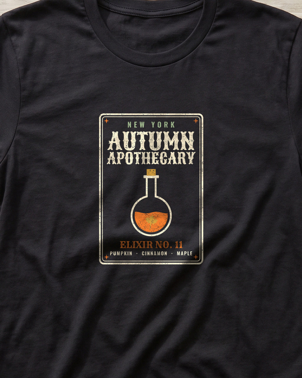 New York Autumn Apothecary Label T-Shirt (close-up)