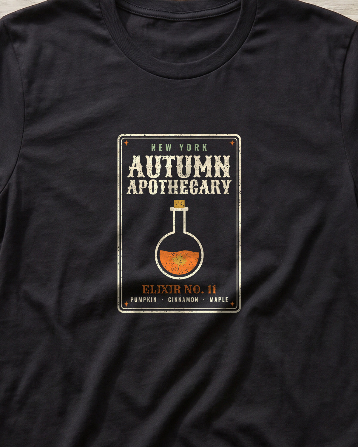 New York Autumn Apothecary Label T-Shirt (close-up)