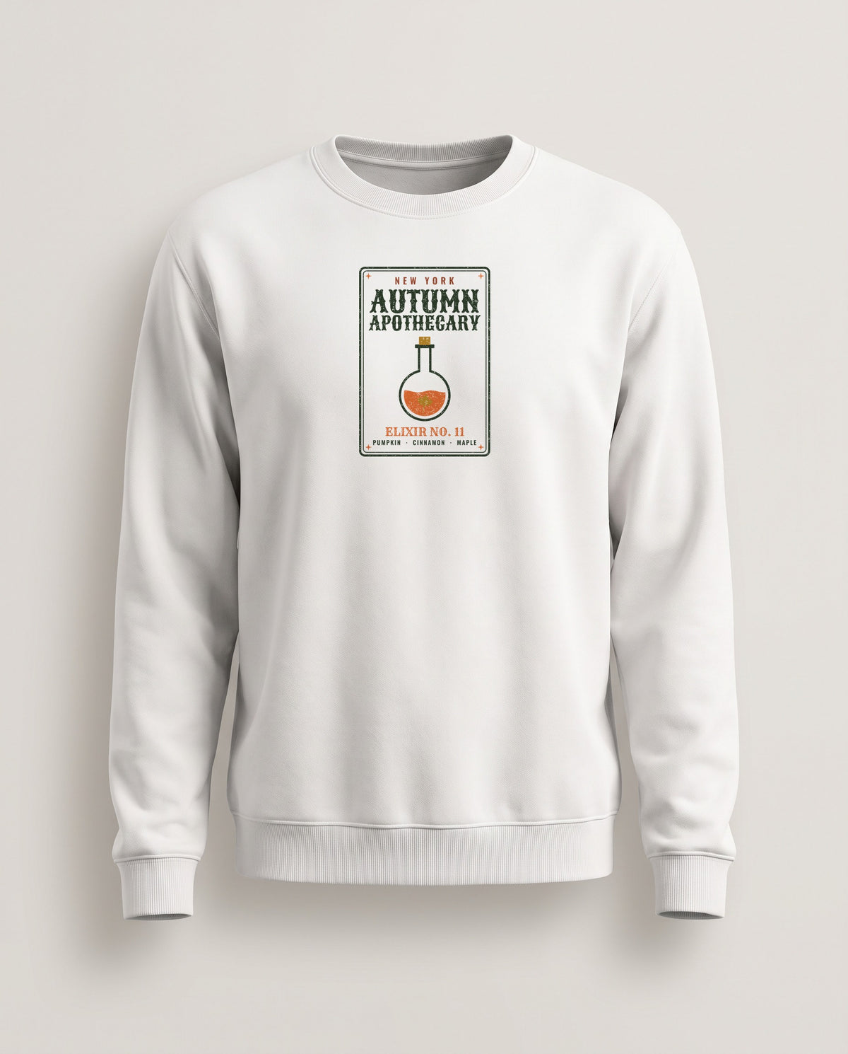 New York Autumn Apothecary Label Crewneck Sweatshirt — White (mockup)