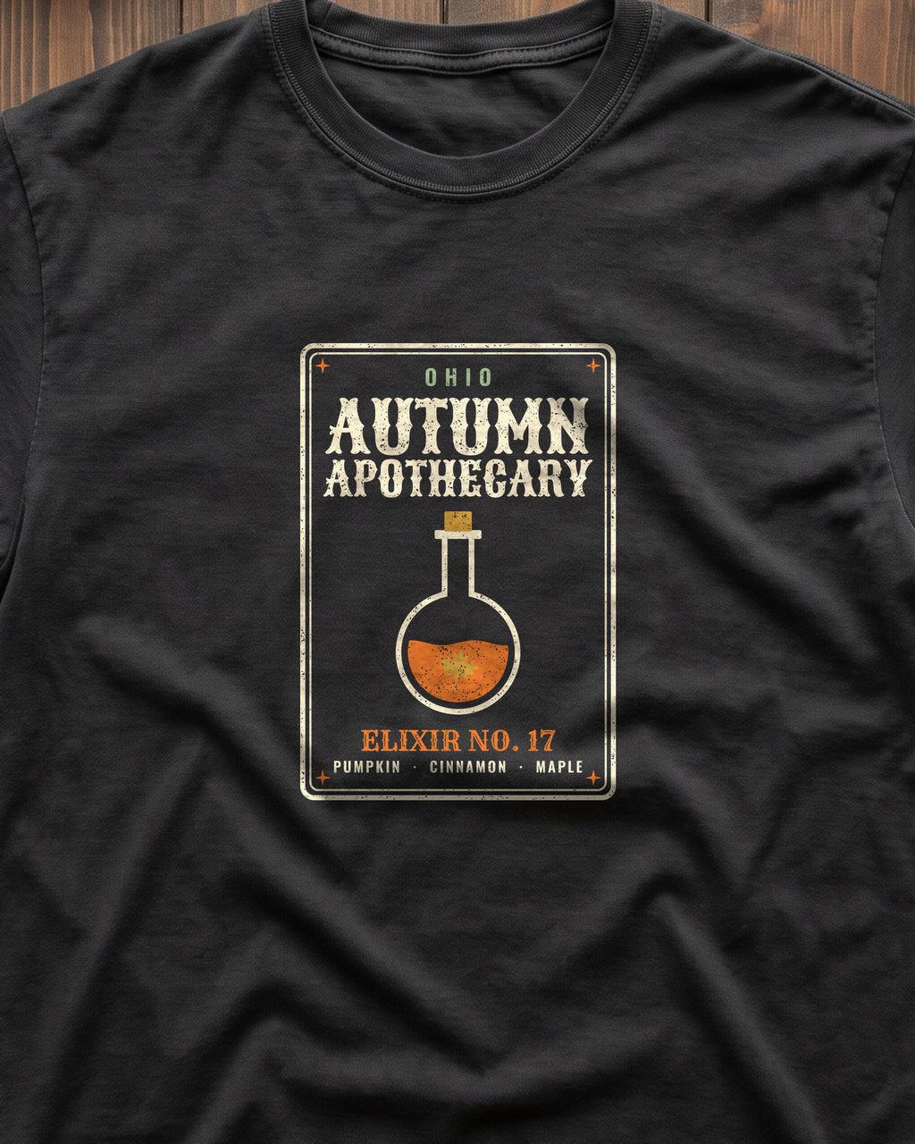 Ohio Autumn Apothecary Label T-Shirt (close-up)