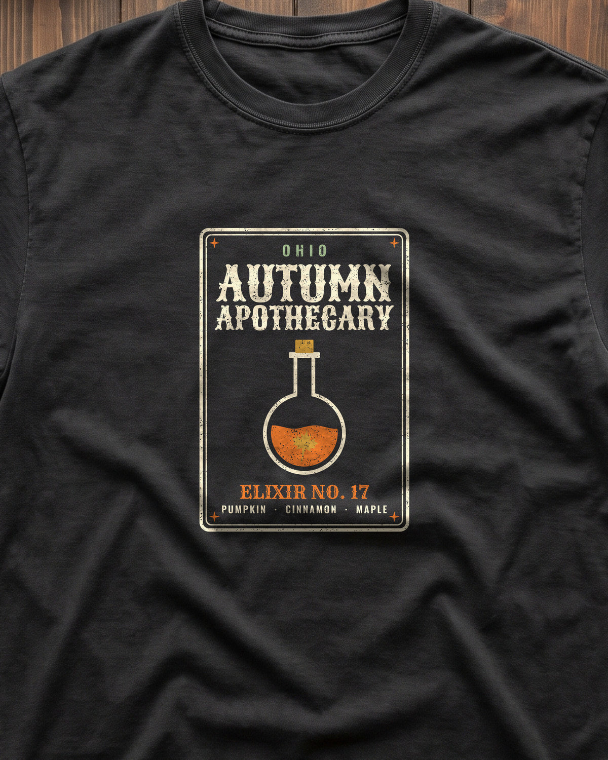 Ohio Autumn Apothecary Label T-Shirt (close-up)