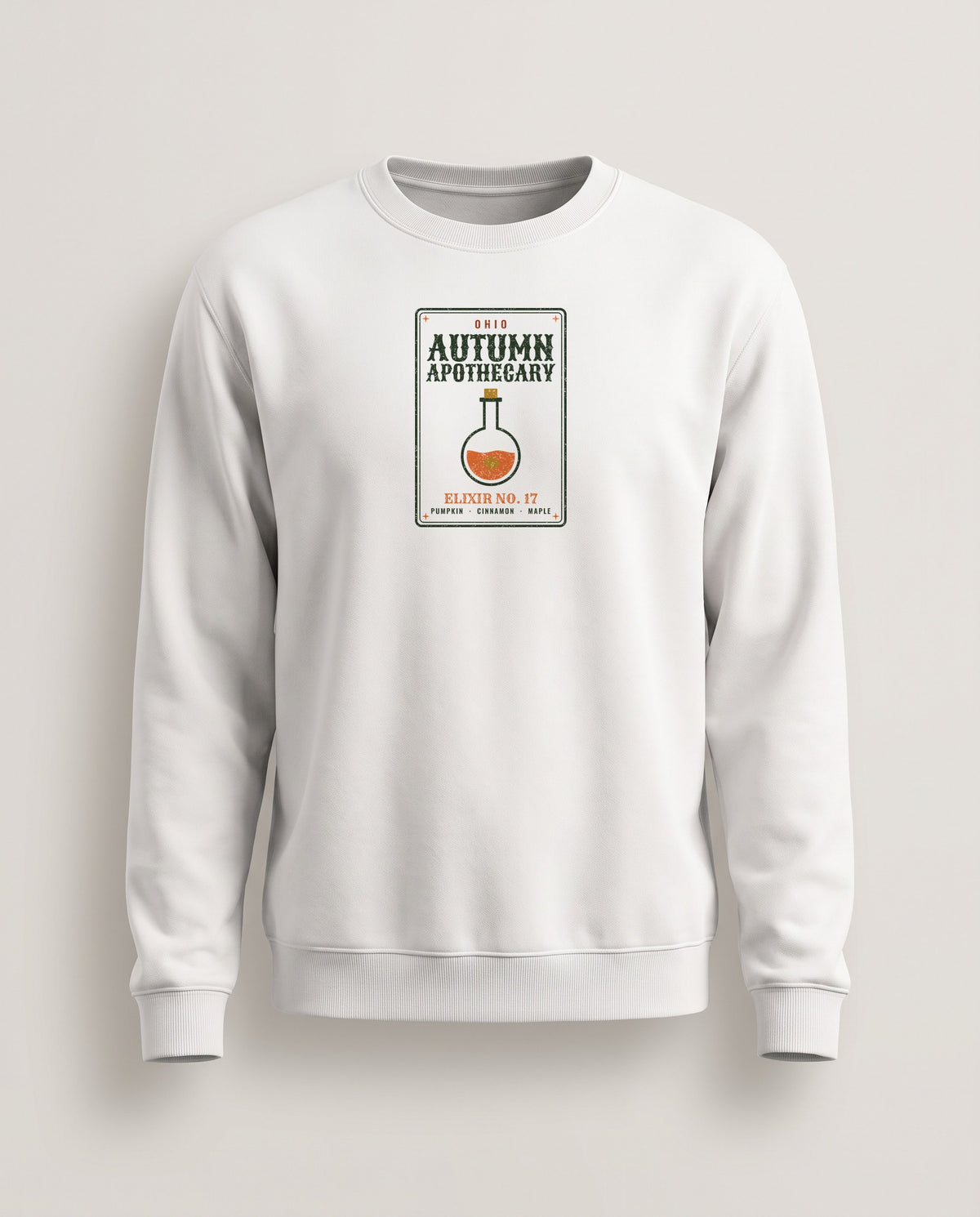 Ohio Autumn Apothecary Label Crewneck Sweatshirt — White (mockup)