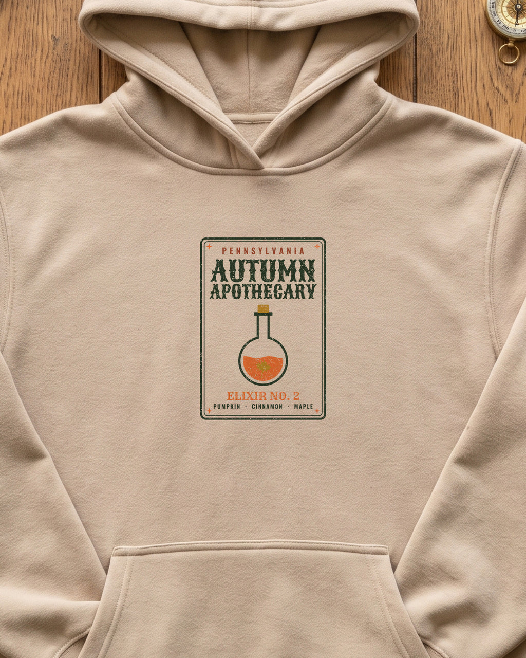 Pennsylvania Autumn Apothecary Label Hoodie (close-up)
