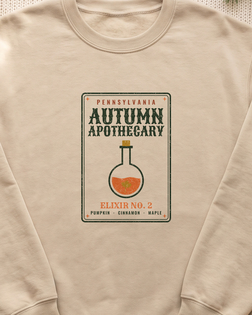 Pennsylvania Autumn Apothecary Label Crewneck Sweatshirt (close-up)