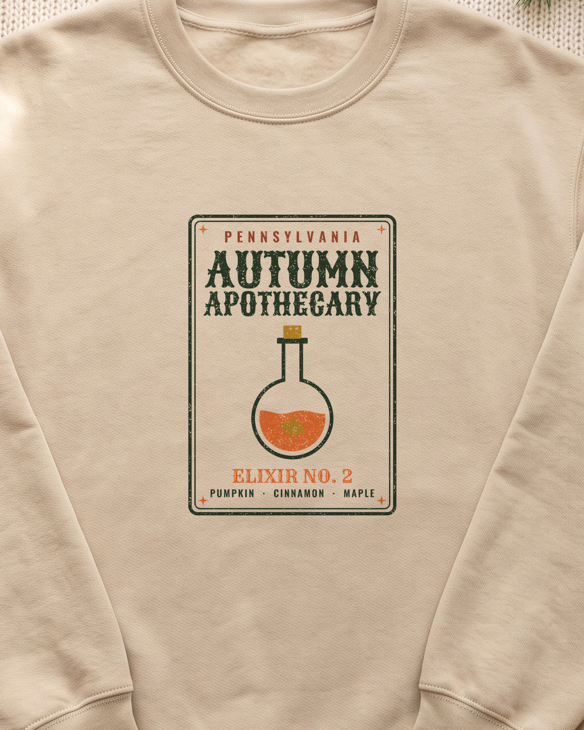 Pennsylvania Autumn Apothecary Label Crewneck Sweatshirt (close-up)