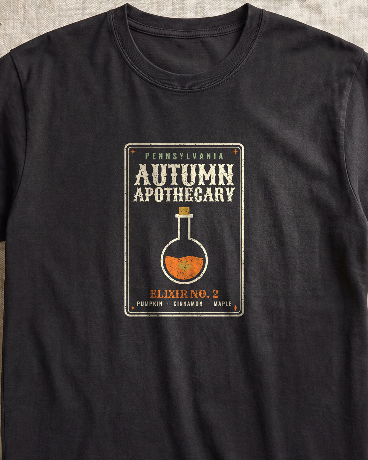 Pennsylvania Autumn Apothecary Label T-Shirt (close-up)