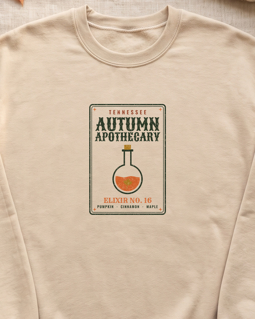 Tennessee Autumn Apothecary Label Crewneck Sweatshirt (close-up)