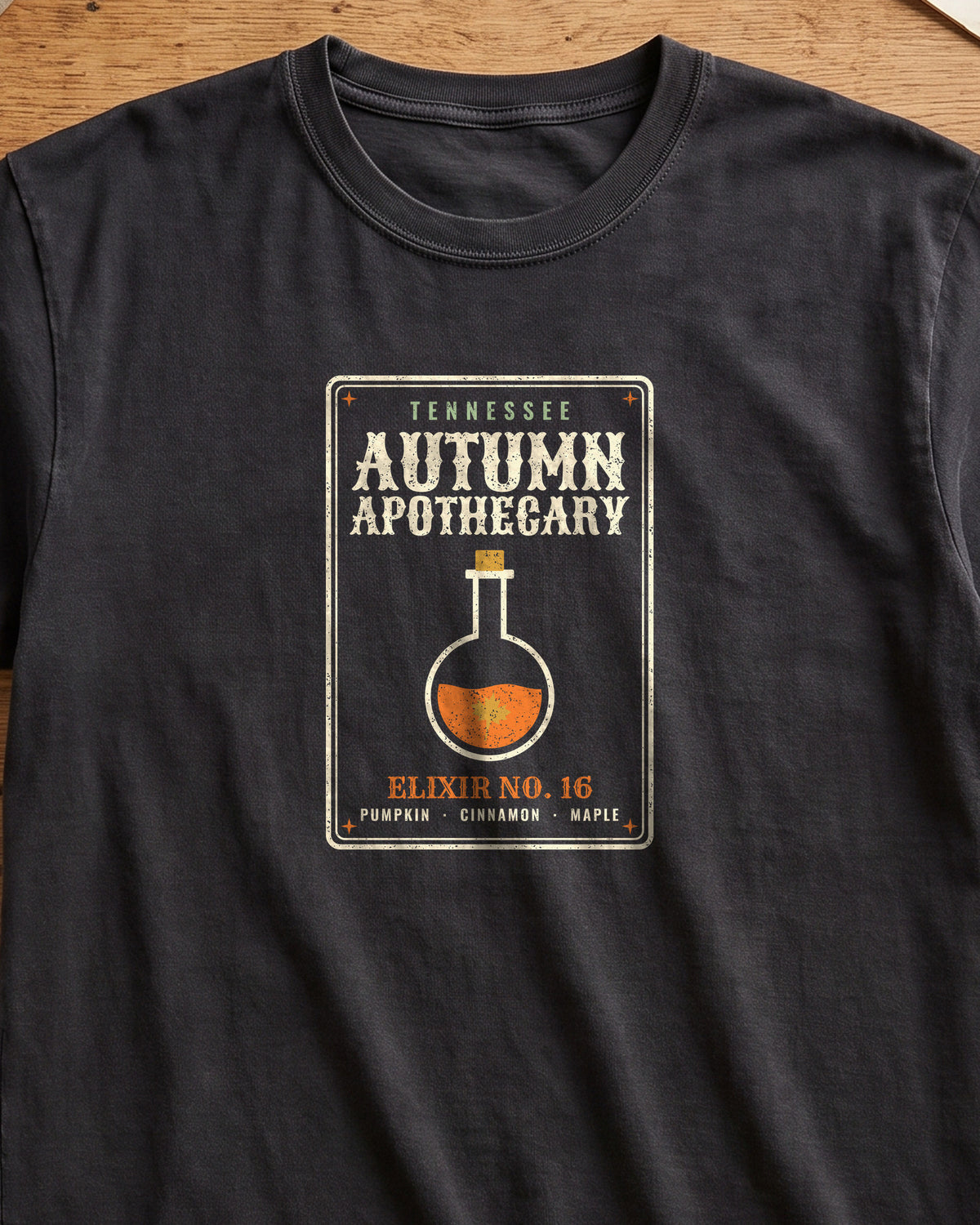 Tennessee Autumn Apothecary Label T-Shirt (close-up)