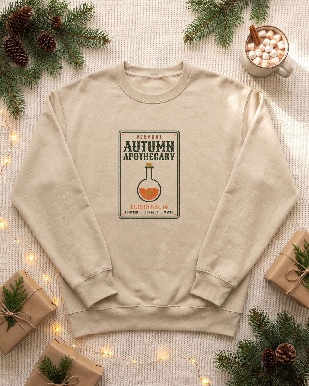 Vermont Autumn Apothecary Label Crewneck Sweatshirt (photo)