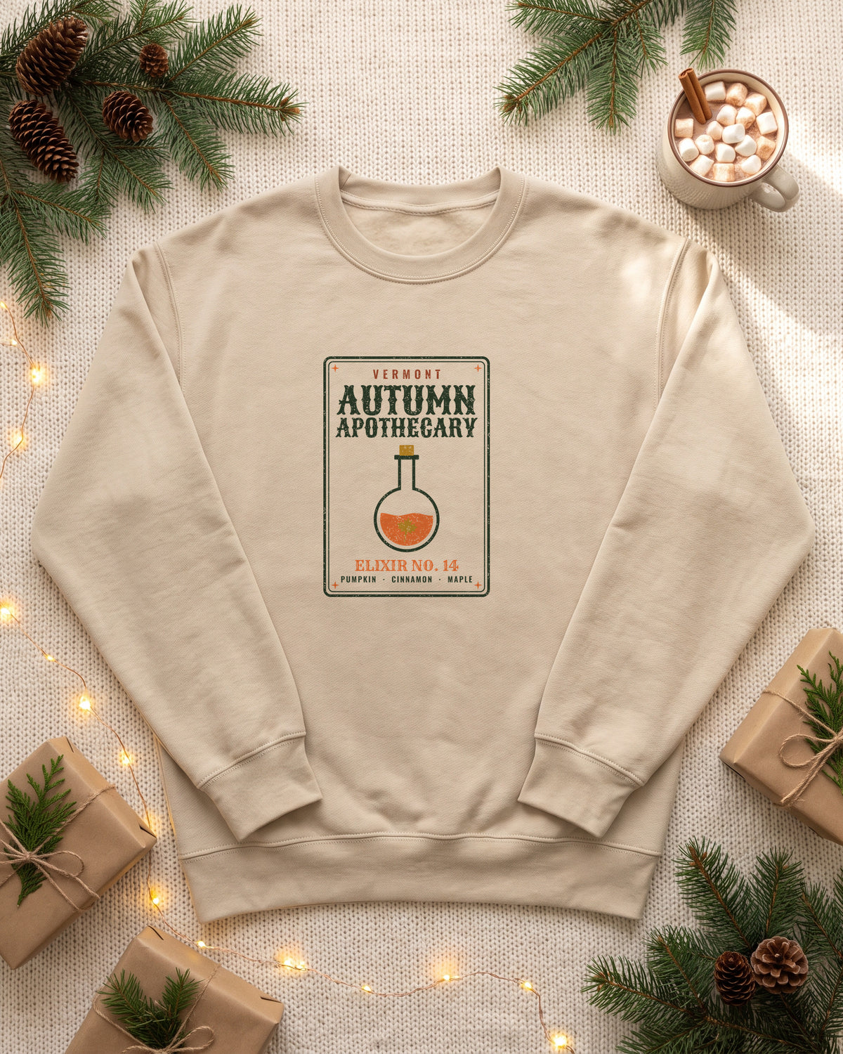 Vermont Autumn Apothecary Label Crewneck Sweatshirt (photo)