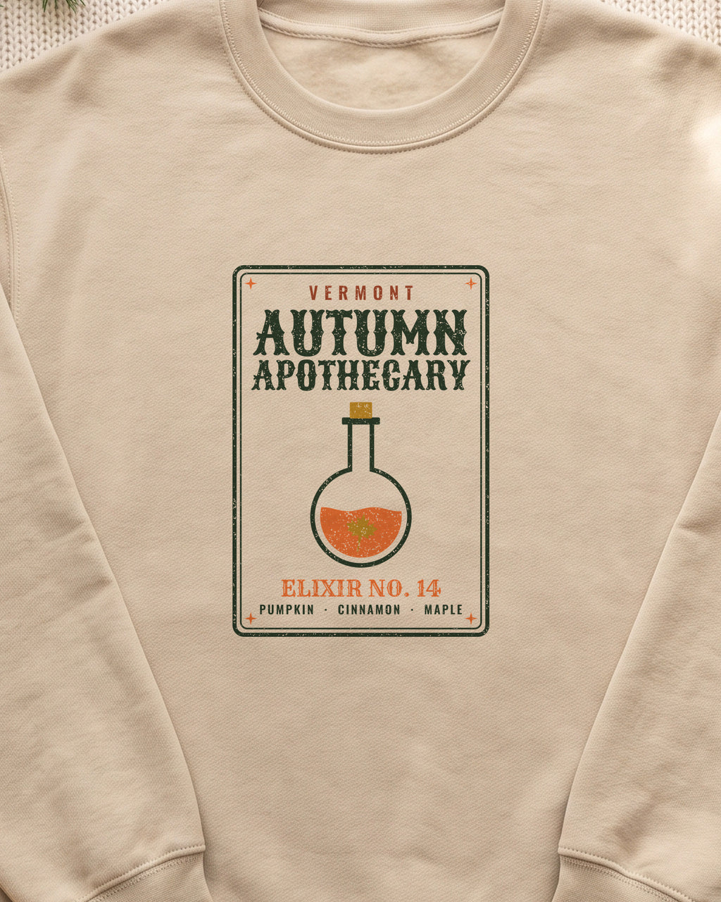 Vermont Autumn Apothecary Label Crewneck Sweatshirt (close-up)