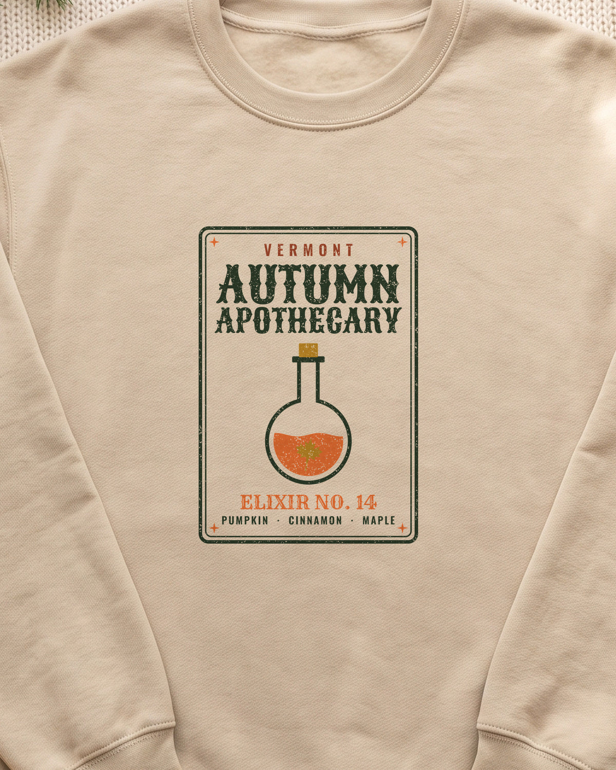 Vermont Autumn Apothecary Label Crewneck Sweatshirt (close-up)