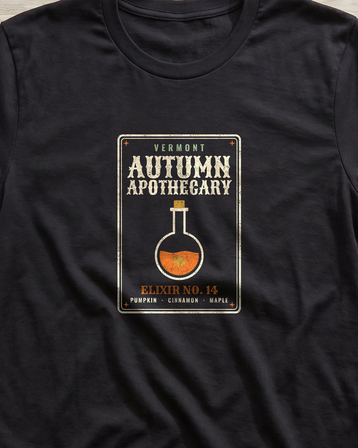Vermont Autumn Apothecary Label T-Shirt (close-up)