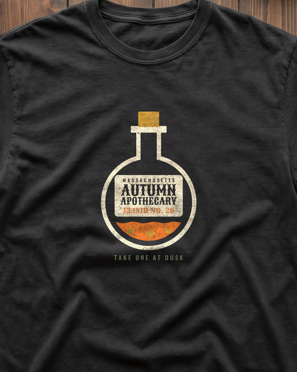 Massachusetts Autumn Apothecary Flask T-Shirt (close-up)