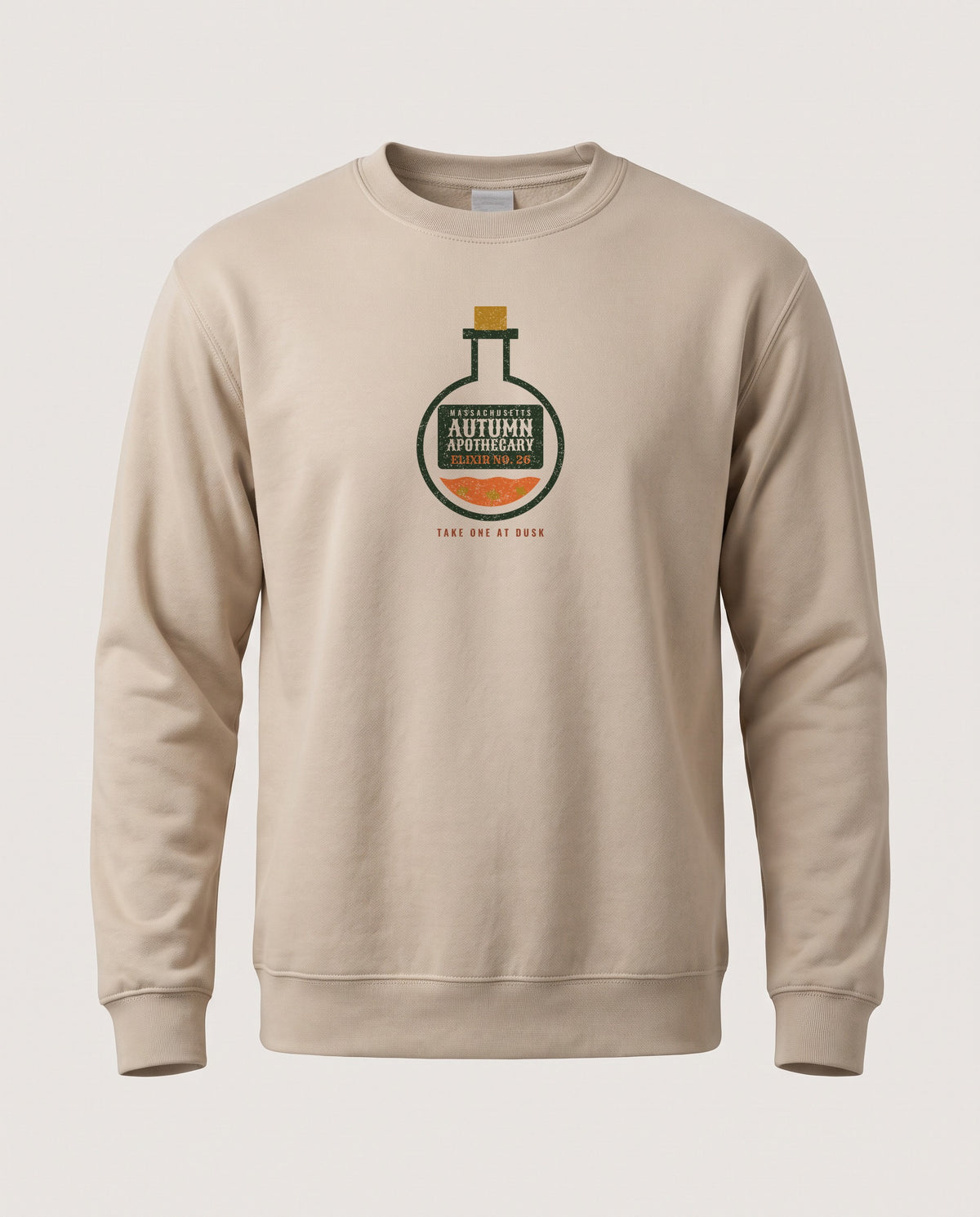 Massachusetts Autumn Apothecary Flask Crewneck Sweatshirt — Sand (mockup)