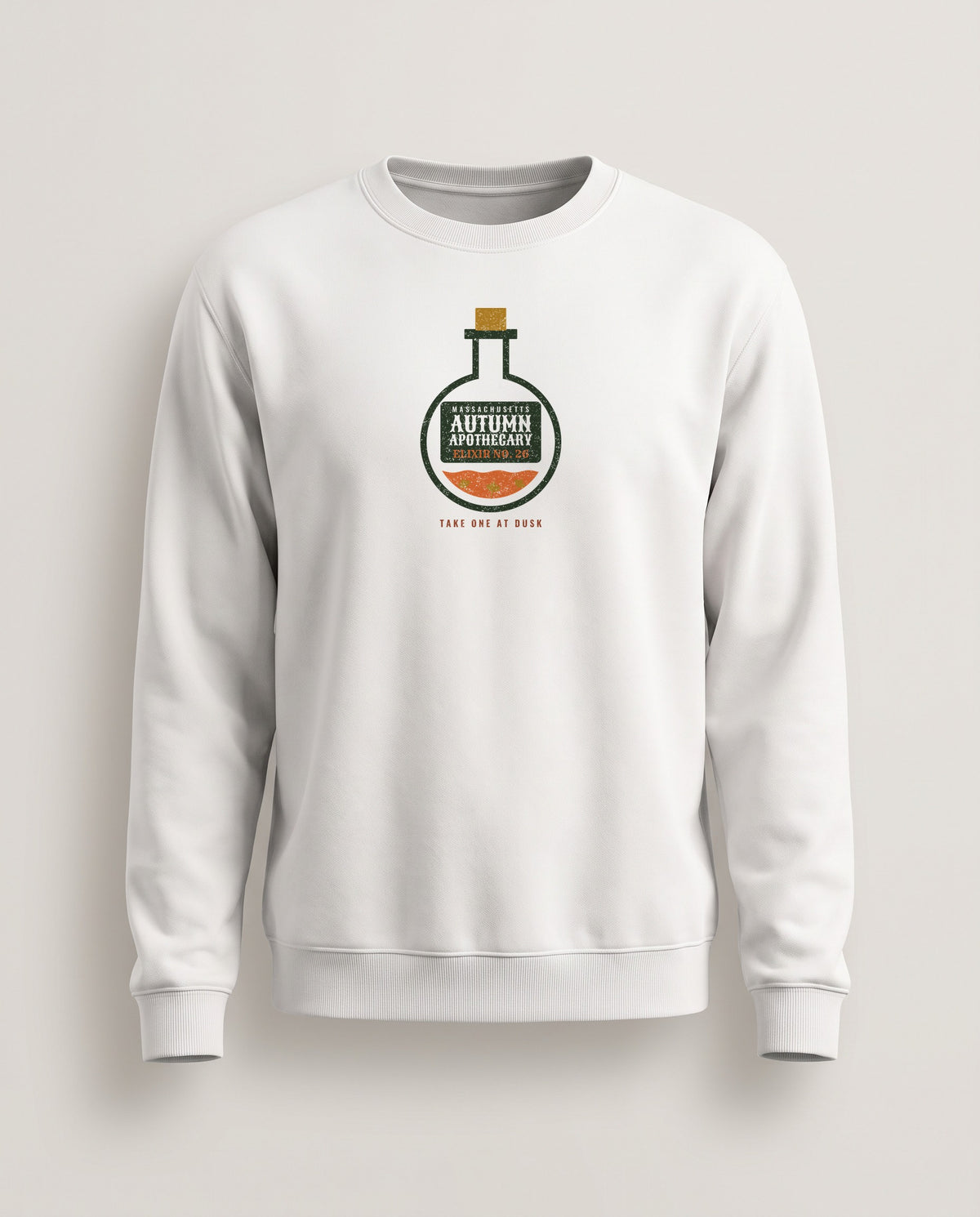 Massachusetts Autumn Apothecary Flask Crewneck Sweatshirt — White (mockup)