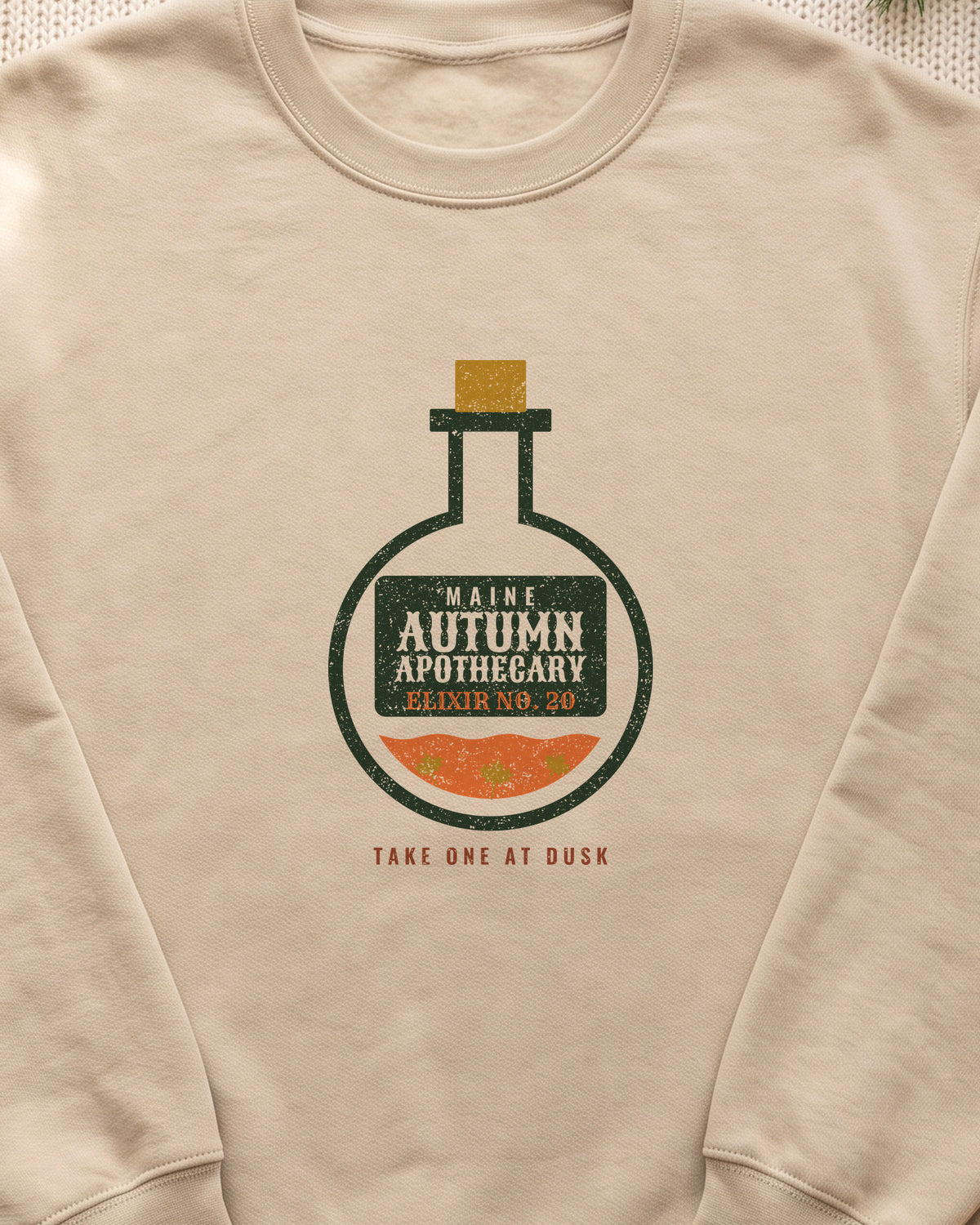 Maine Autumn Apothecary Flask Crewneck Sweatshirt (close-up)