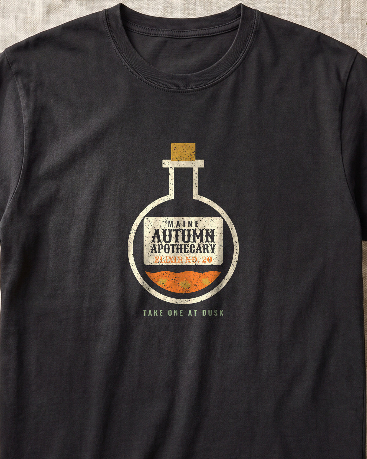 Maine Autumn Apothecary Flask T-Shirt (close-up)