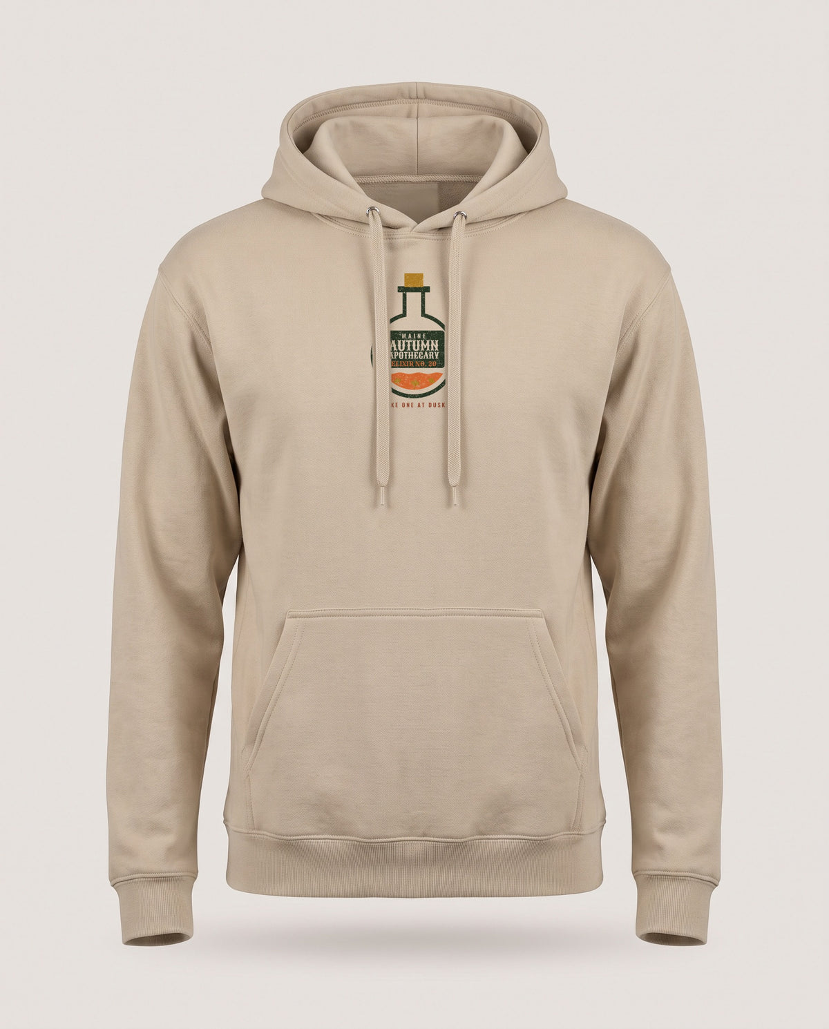 Maine Autumn Apothecary Flask Hoodie — Sand (mockup)
