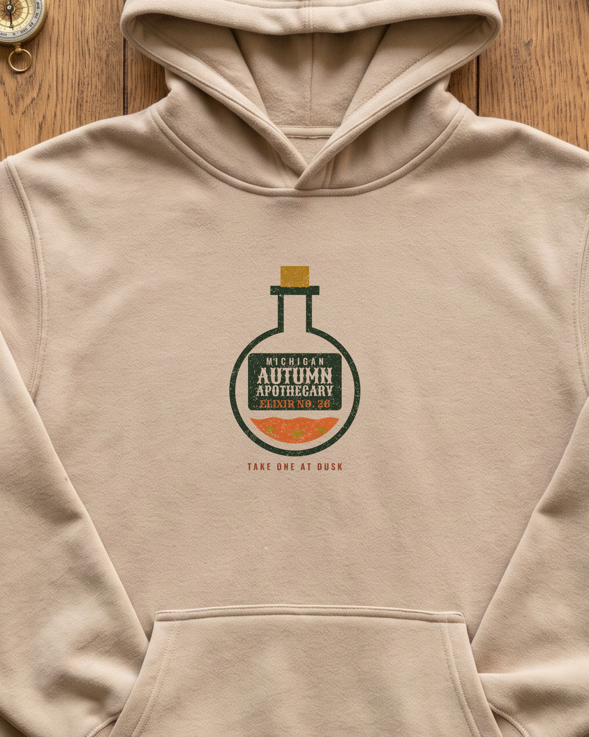 Michigan Autumn Apothecary Flask Hoodie (close-up)