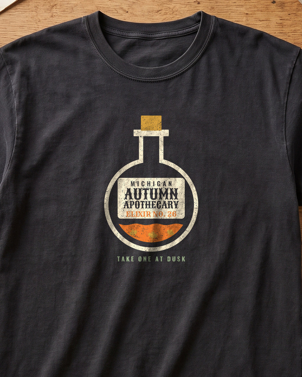 Michigan Autumn Apothecary Flask T-Shirt (close-up)