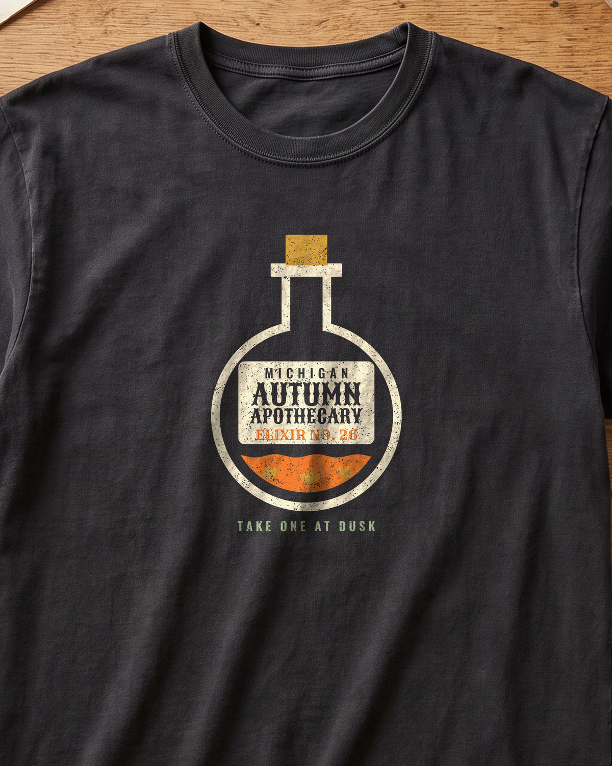 Michigan Autumn Apothecary Flask T-Shirt (close-up)