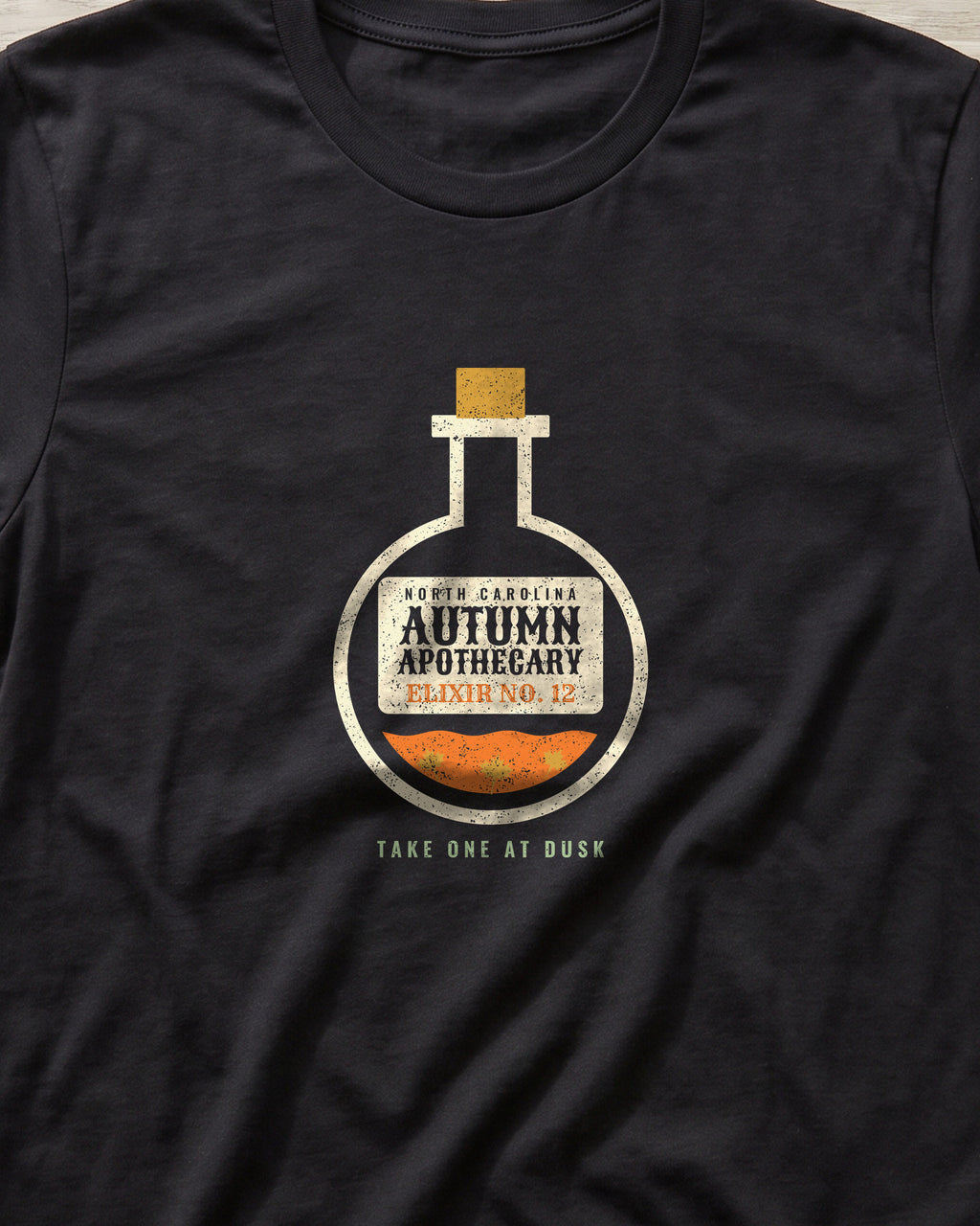 North Carolina Autumn Apothecary Flask T-Shirt (close-up)
