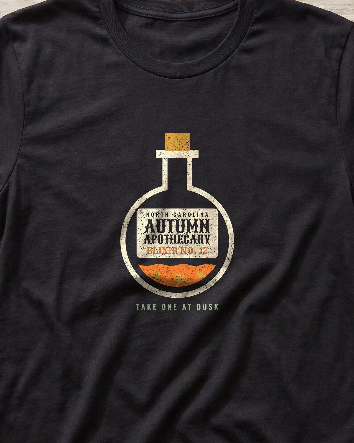 North Carolina Autumn Apothecary Flask T-Shirt (close-up)