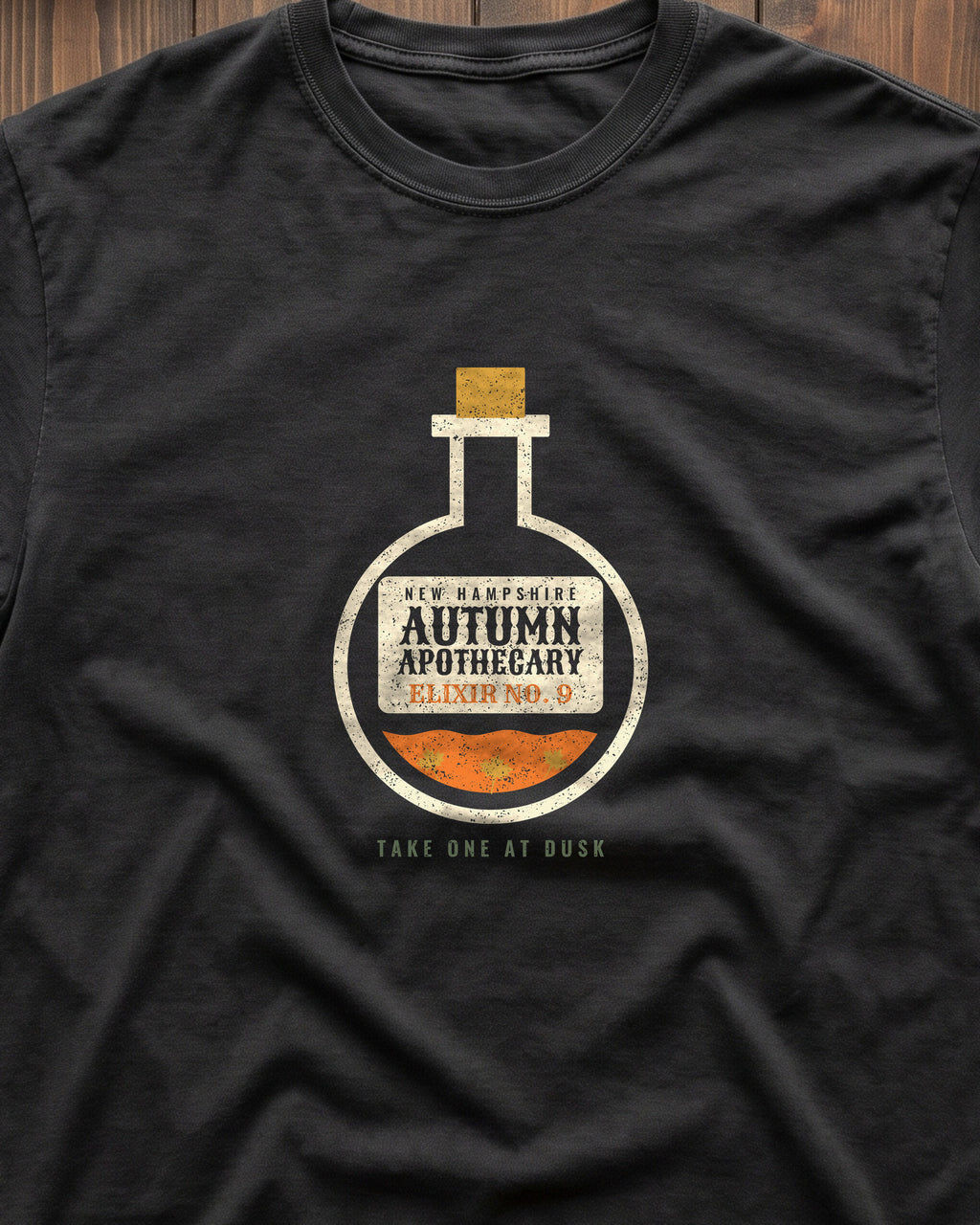 New Hampshire Autumn Apothecary Flask T-Shirt (close-up)
