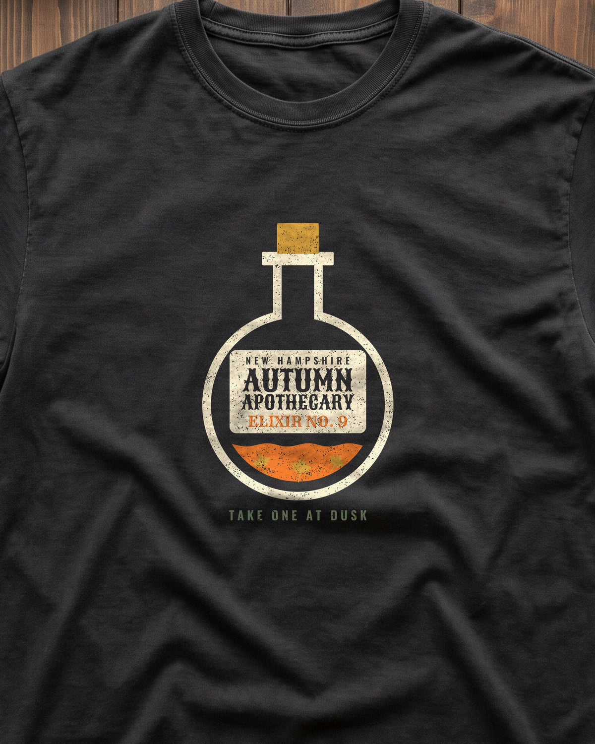 New Hampshire Autumn Apothecary Flask T-Shirt (close-up)