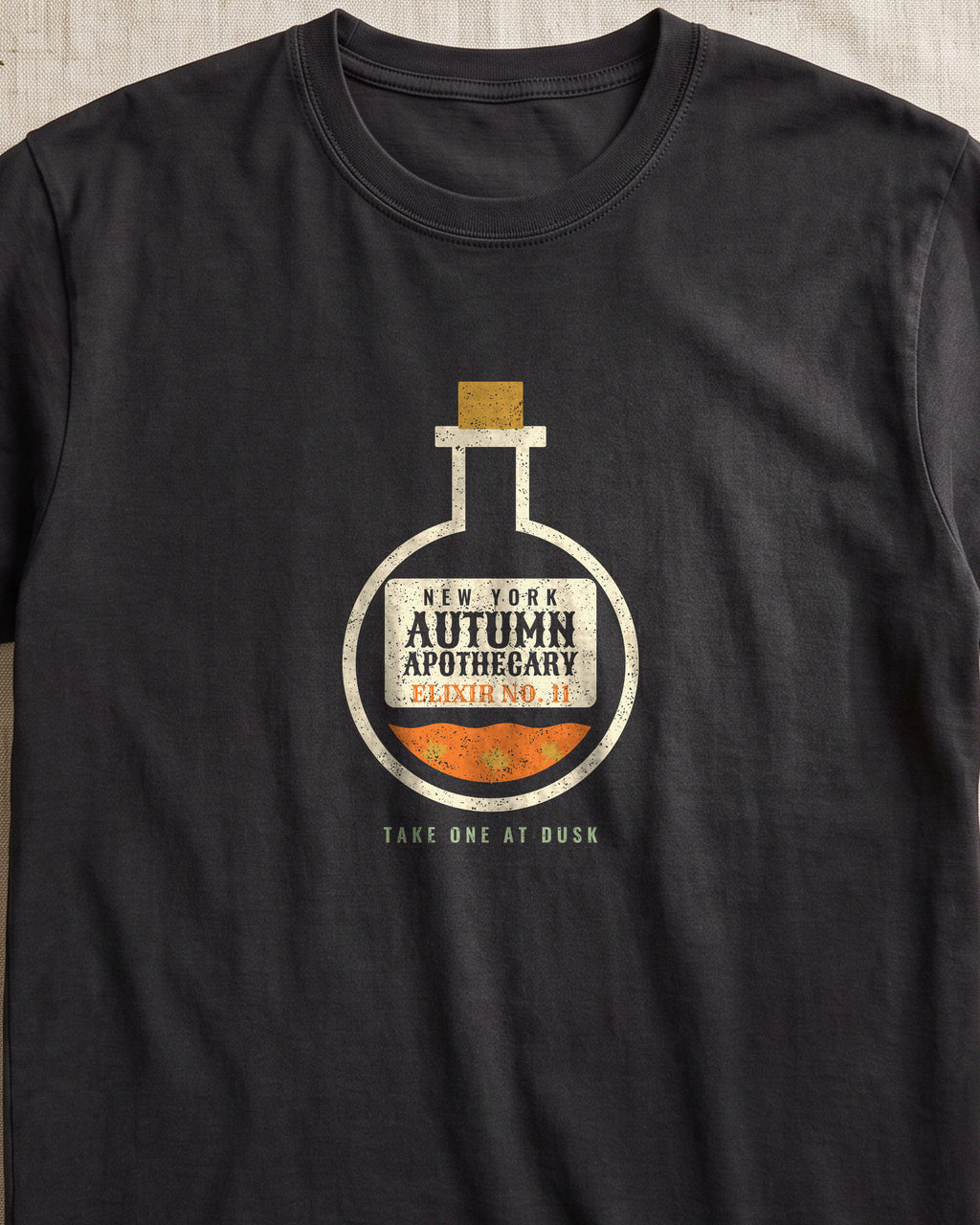 New York Autumn Apothecary Flask T-Shirt (close-up)